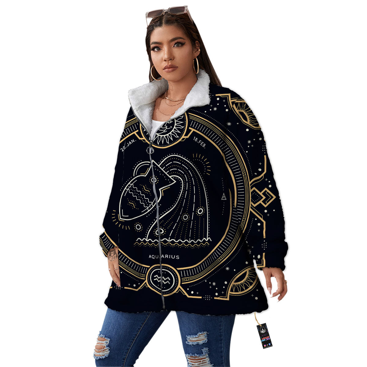 Zodiac Sign Vintage Aquarius Print Women's Sherpa Jacket-grizzshop