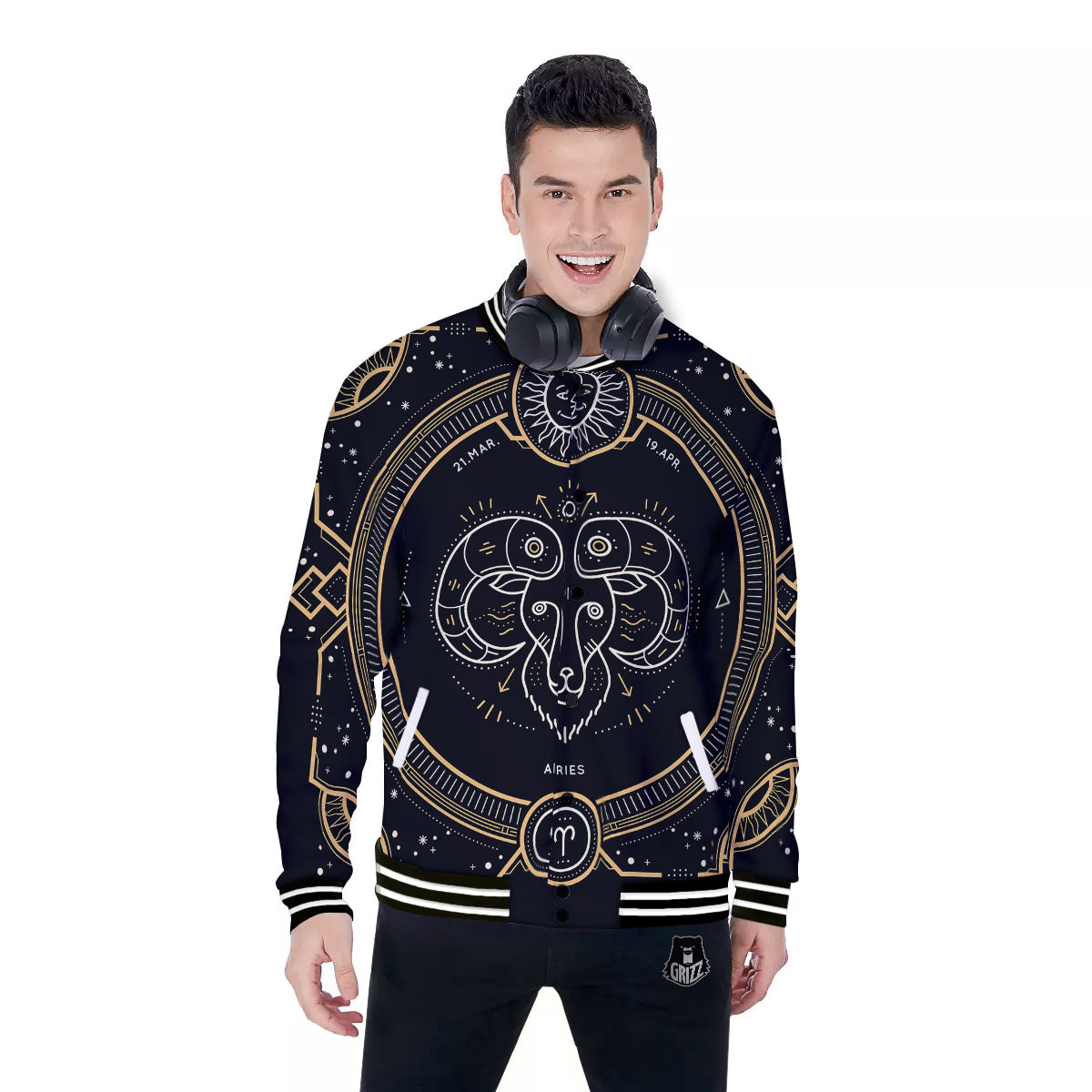 Zodiac Sign Vintage Aries Print Baseball Jacket-grizzshop