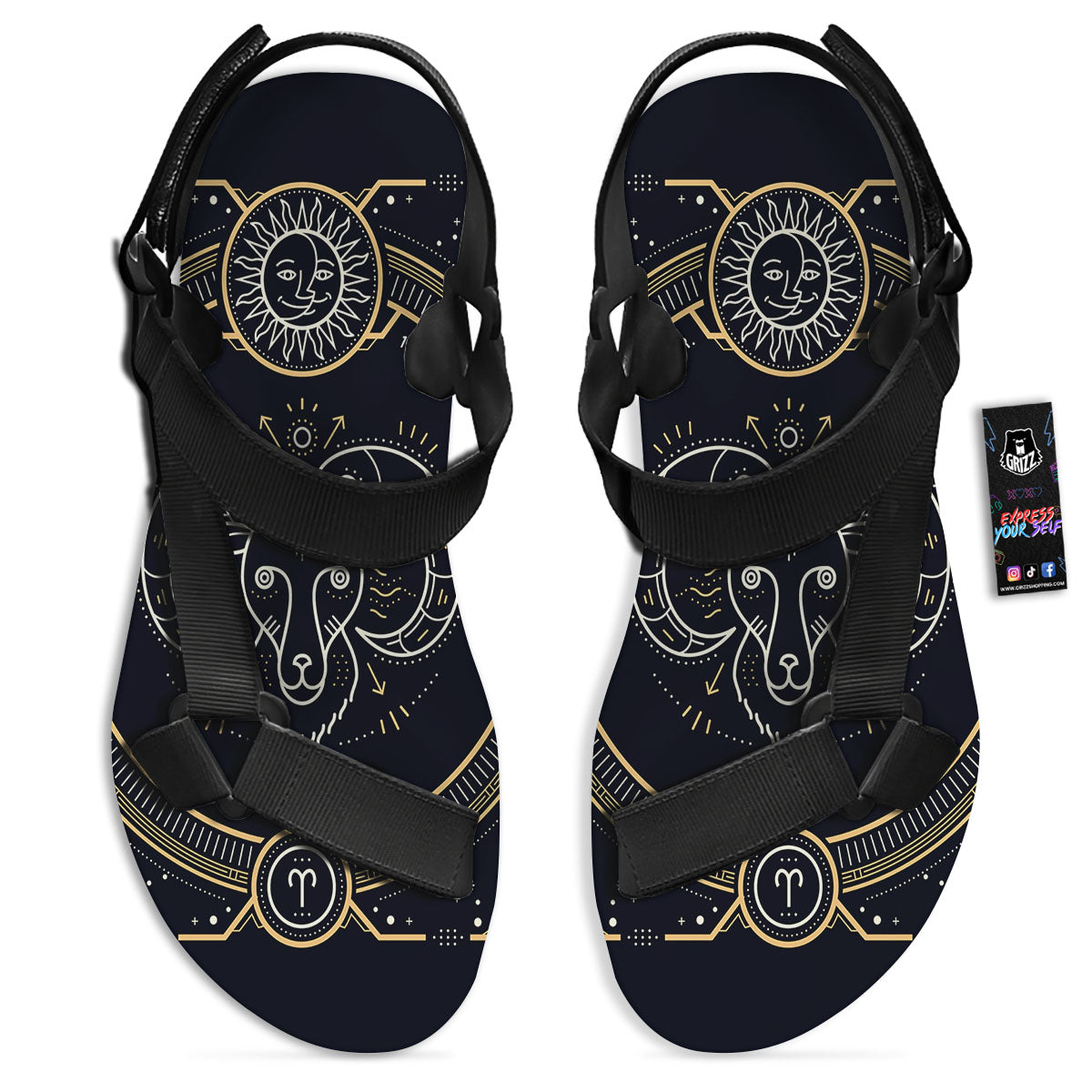 Zodiac Sign Vintage Aries Print Black Open Toe Sandals-grizzshop