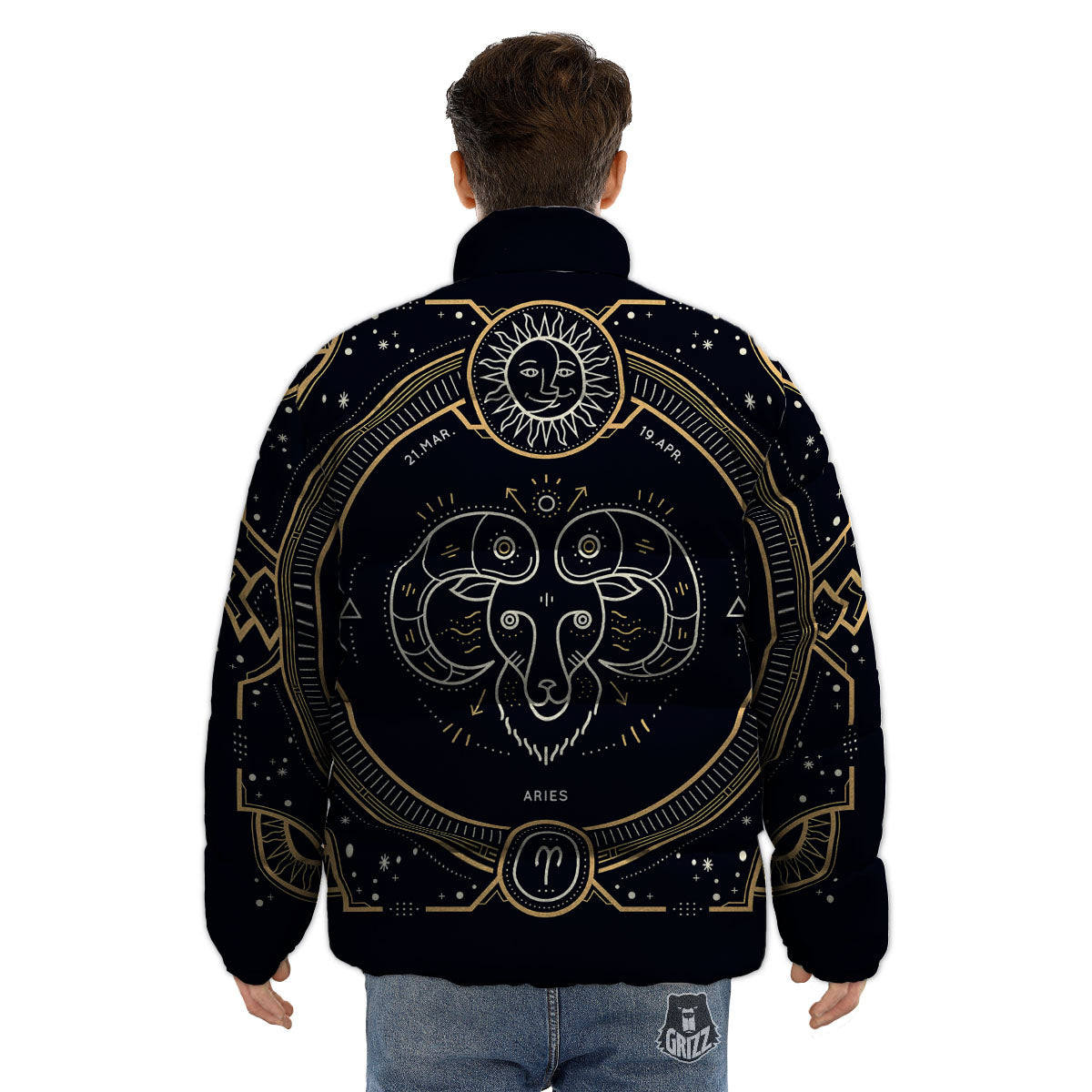 Zodiac Sign Vintage Aries Print Puffer Jacket-grizzshop