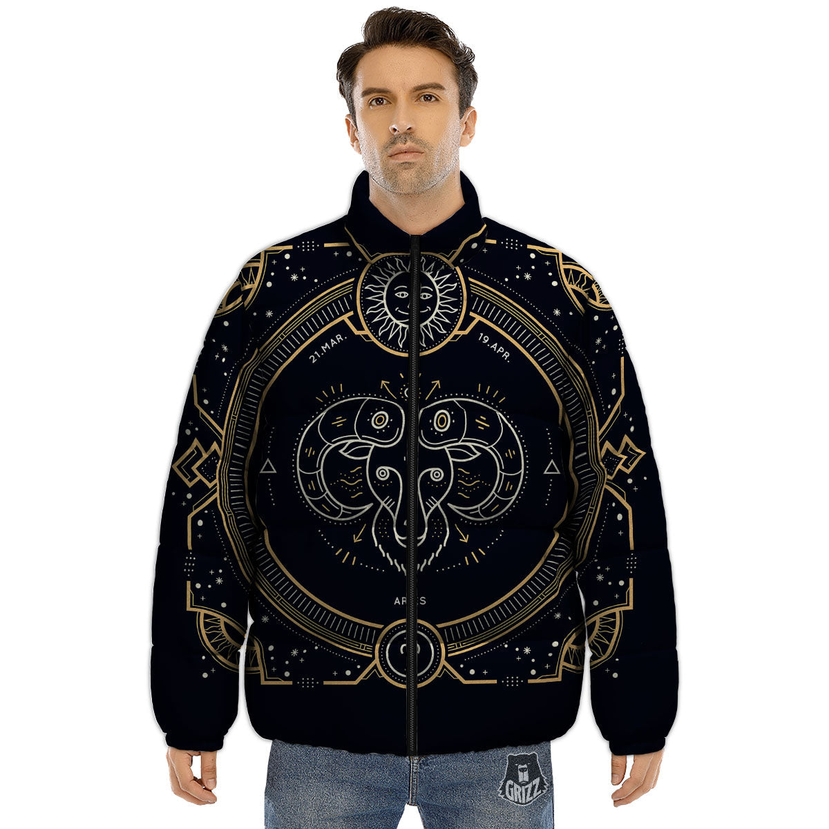 Zodiac Sign Vintage Aries Print Puffer Jacket-grizzshop
