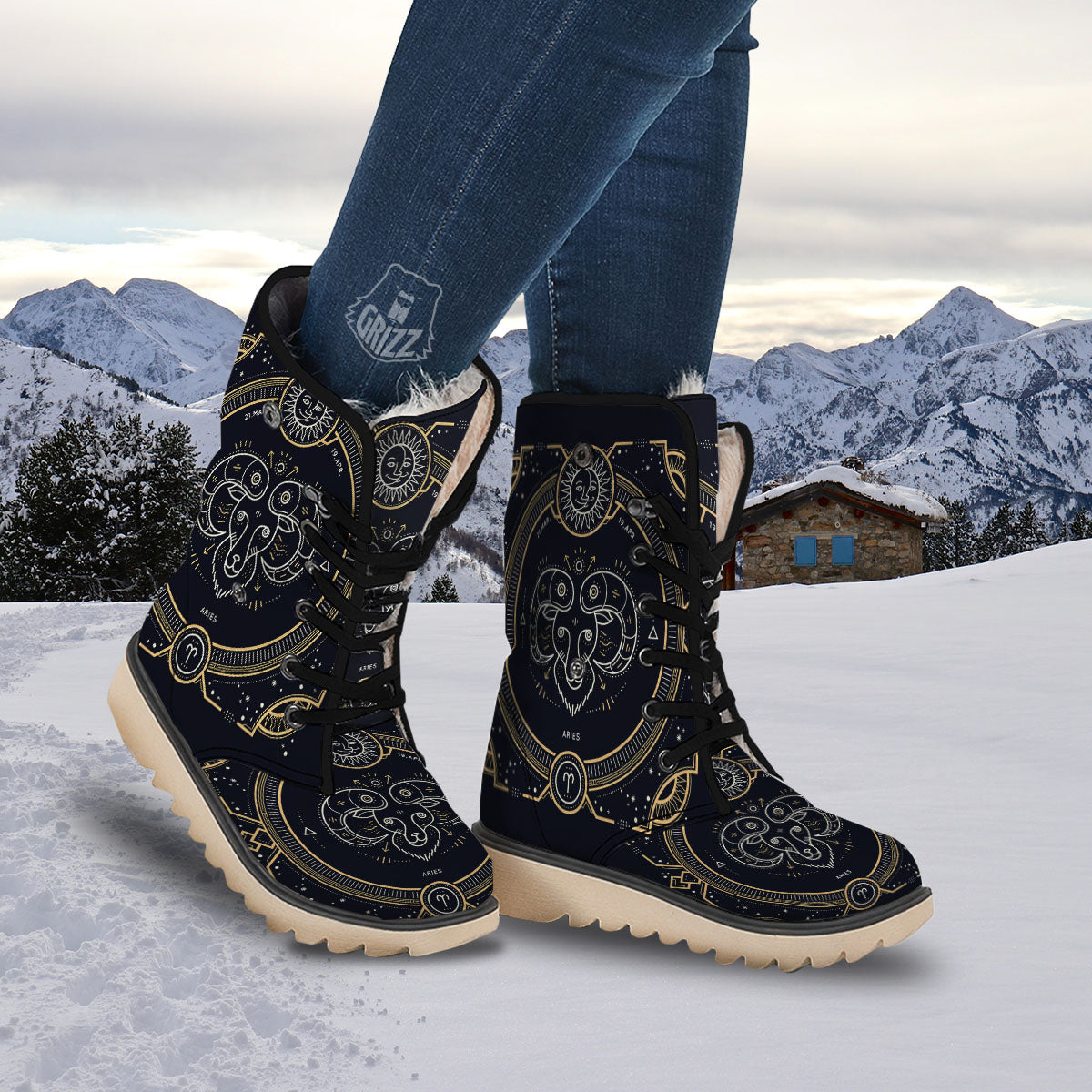 Zodiac Sign Vintage Aries Print Snow Boots-grizzshop