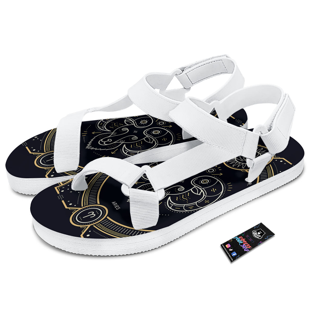 Zodiac Sign Vintage Aries Print White Open Toe Sandals-grizzshop