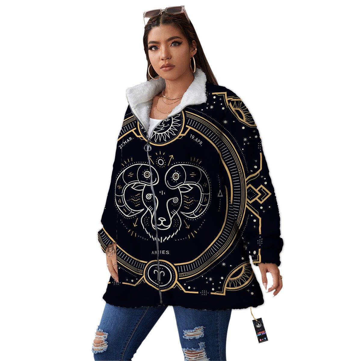 Zodiac Sign Vintage Aries Print Women's Sherpa Jacket-grizzshop