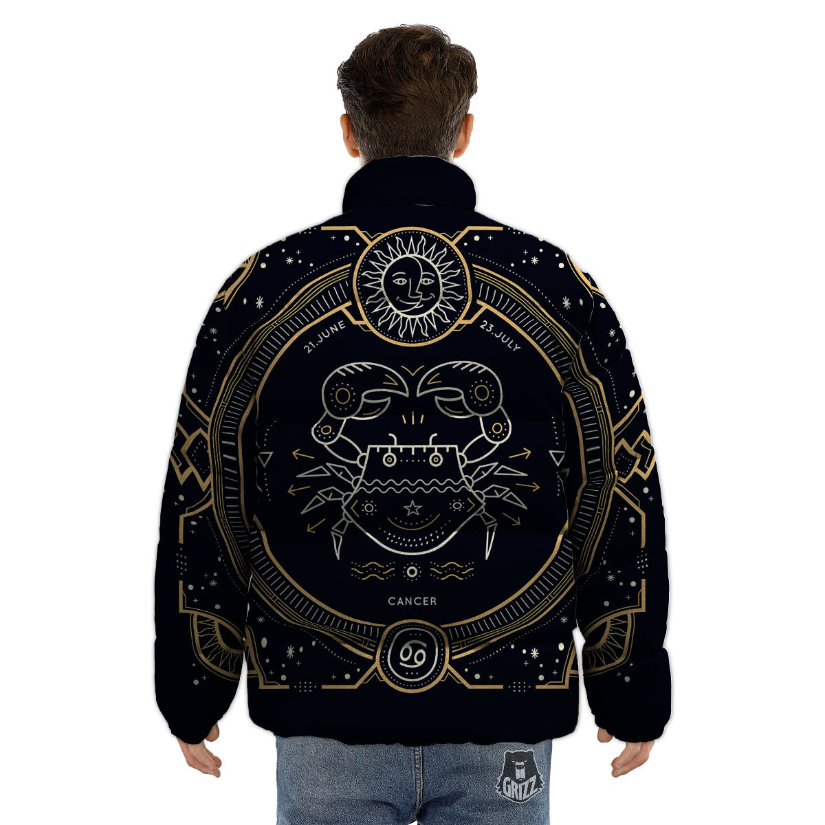 Zodiac Sign Vintage Cancer Print Puffer Jacket-grizzshop