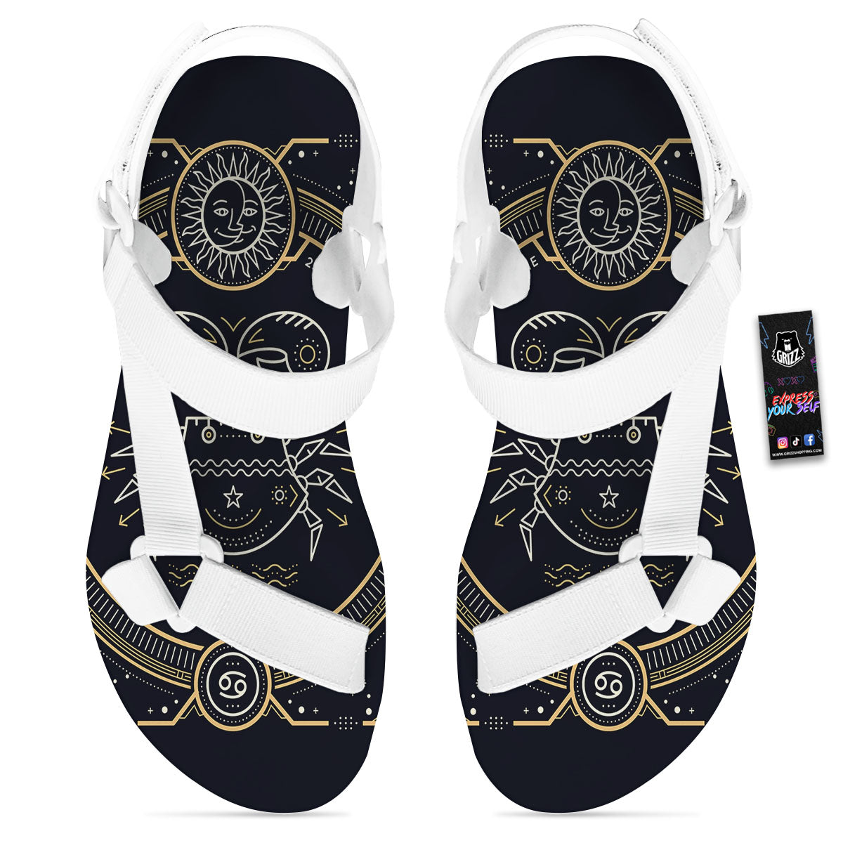 Zodiac Sign Vintage Cancer Print White Open Toe Sandals-grizzshop