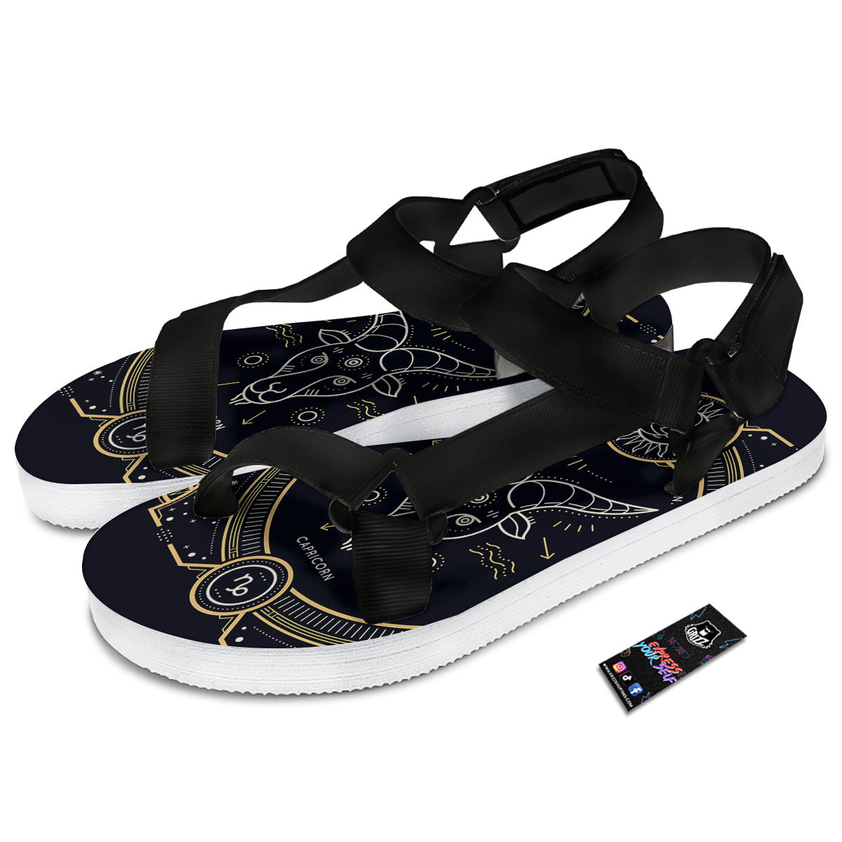 Zodiac Sign Vintage Capricorn Print Black Open Toe Sandals-grizzshop