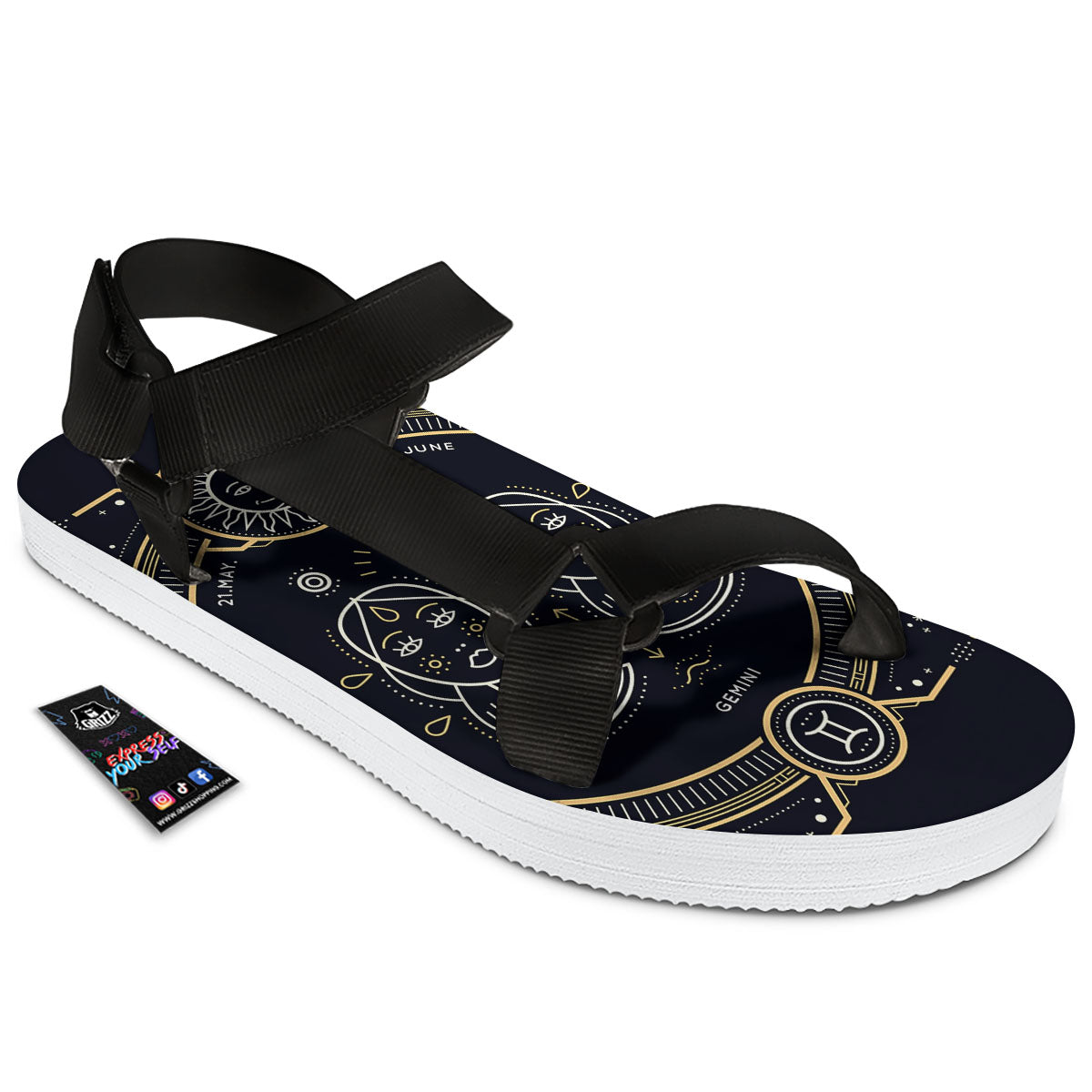Zodiac Sign Vintage Gemini Print Black Open Toe Sandals-grizzshop
