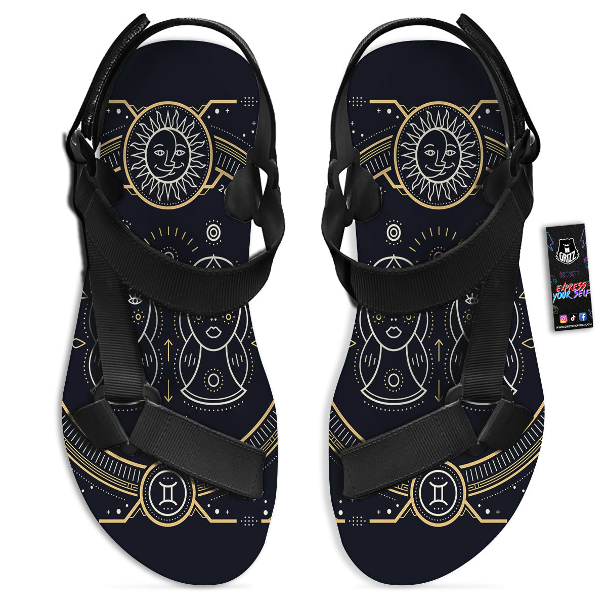 Zodiac Sign Vintage Gemini Print Black Open Toe Sandals-grizzshop