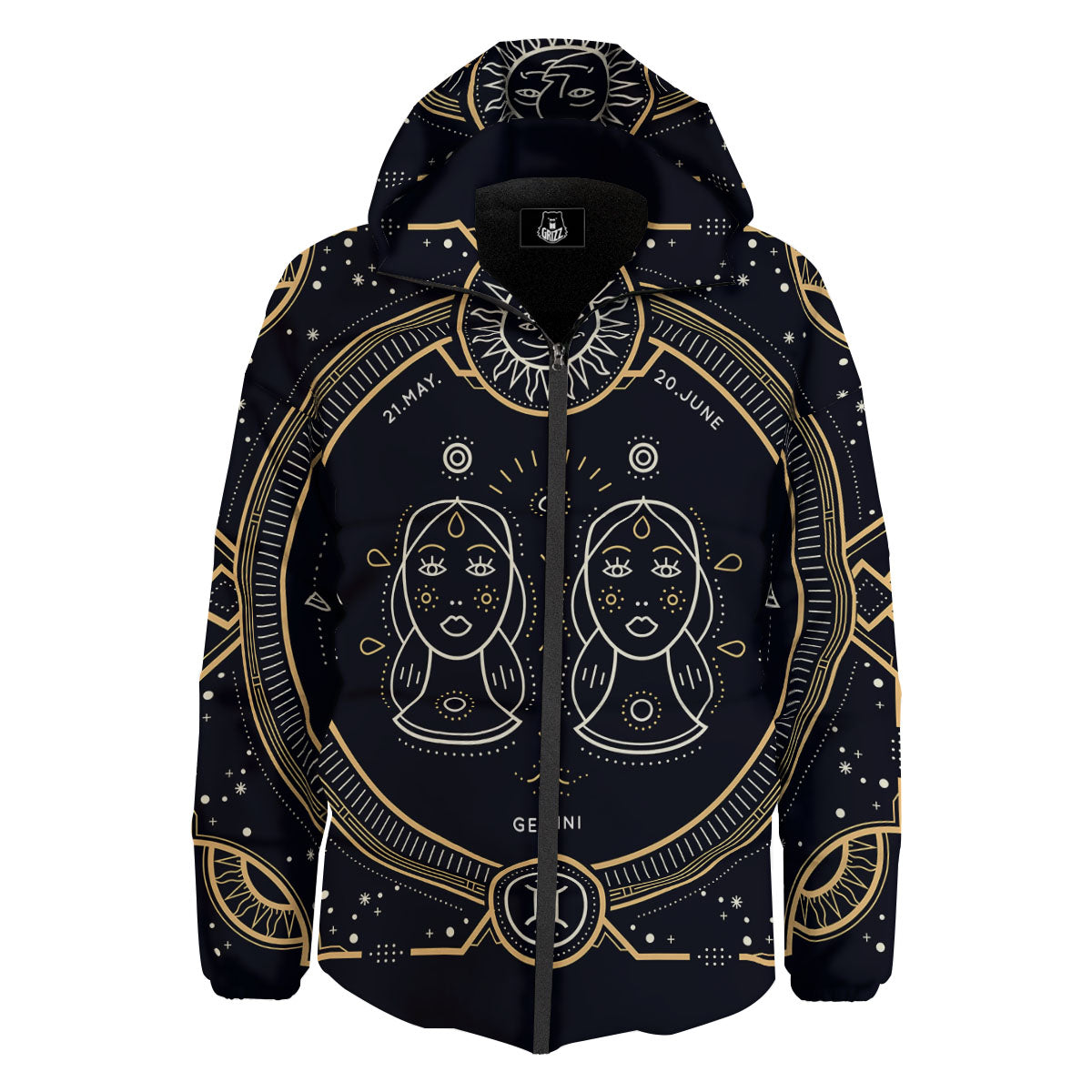 Zodiac Sign Vintage Gemini Print Down Jacket-grizzshop