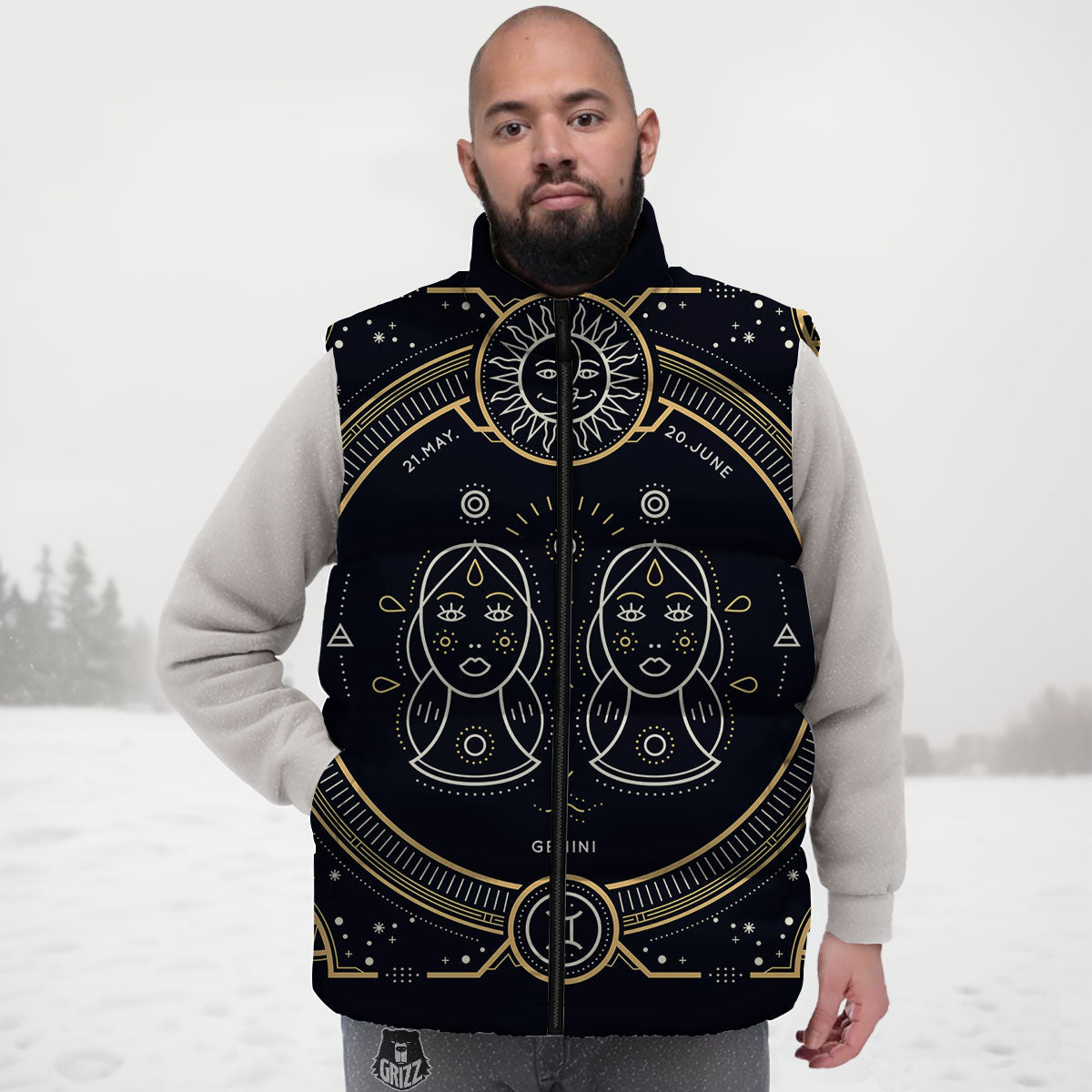Zodiac Sign Vintage Gemini Print Down Vest