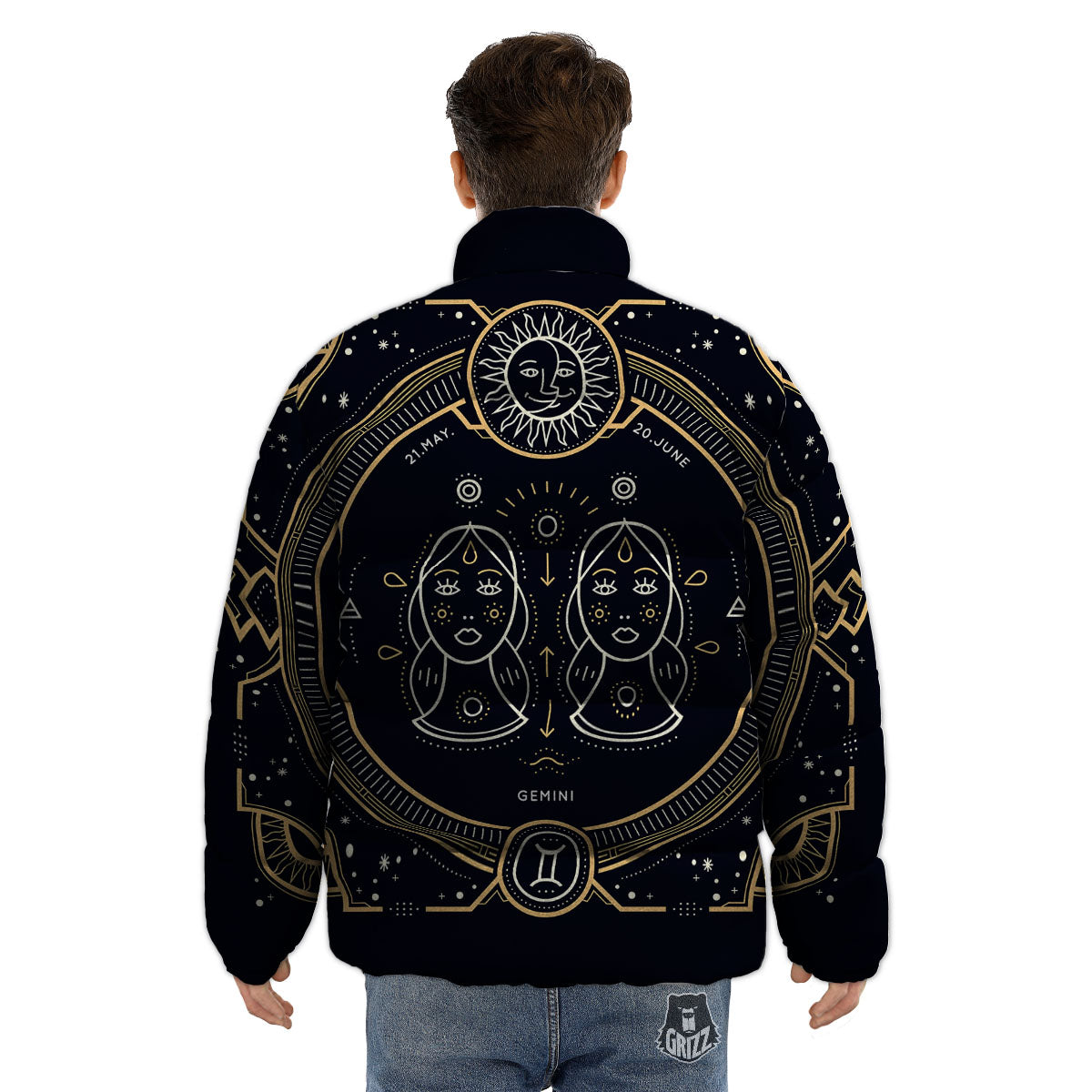 Zodiac Sign Vintage Gemini Print Puffer Jacket-grizzshop