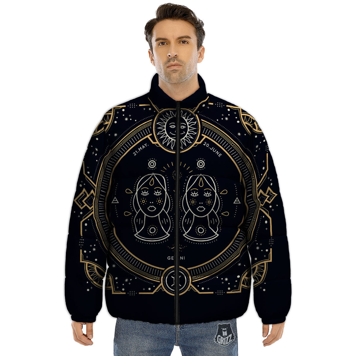 Zodiac Sign Vintage Gemini Print Puffer Jacket-grizzshop