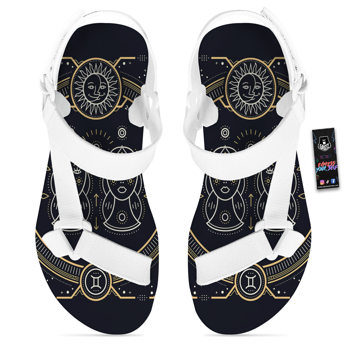 Zodiac Sign Vintage Gemini Print White Open Toe Sandals-grizzshop