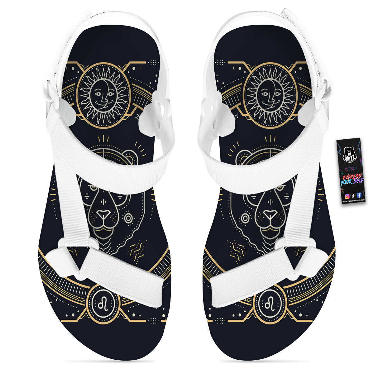 Zodiac Sign Vintage Leo Print White Open Toe Sandals-grizzshop