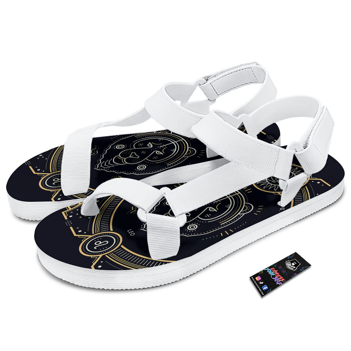 Zodiac Sign Vintage Leo Print White Open Toe Sandals-grizzshop