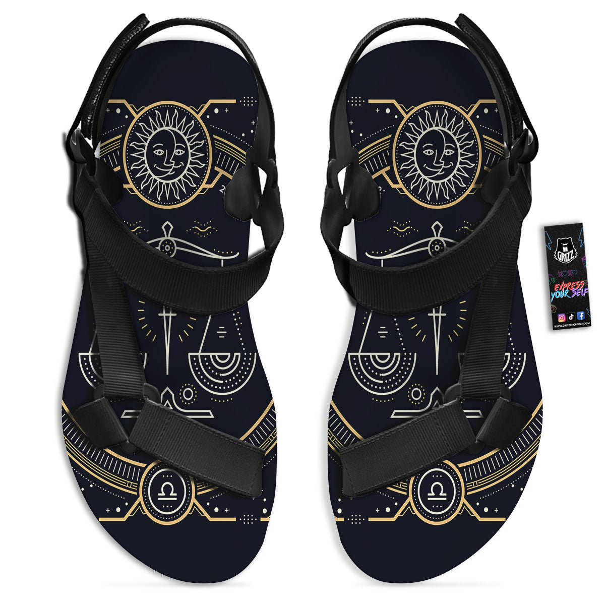 Zodiac Sign Vintage Libra Print Black Open Toe Sandals-grizzshop