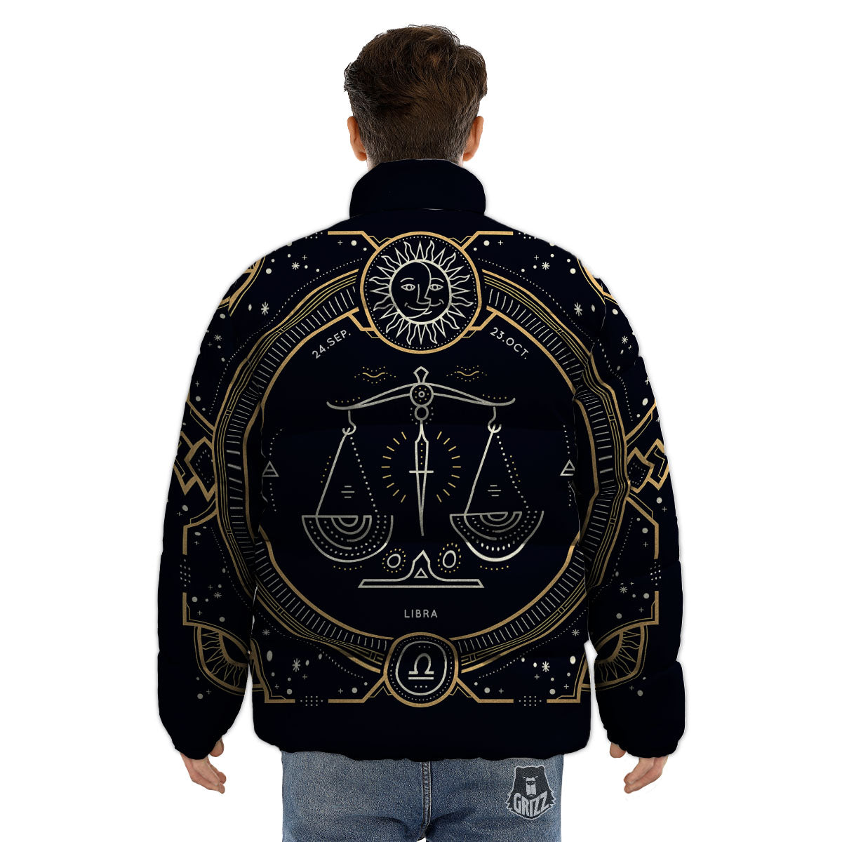 Zodiac Sign Vintage Libra Print Puffer Jacket-grizzshop