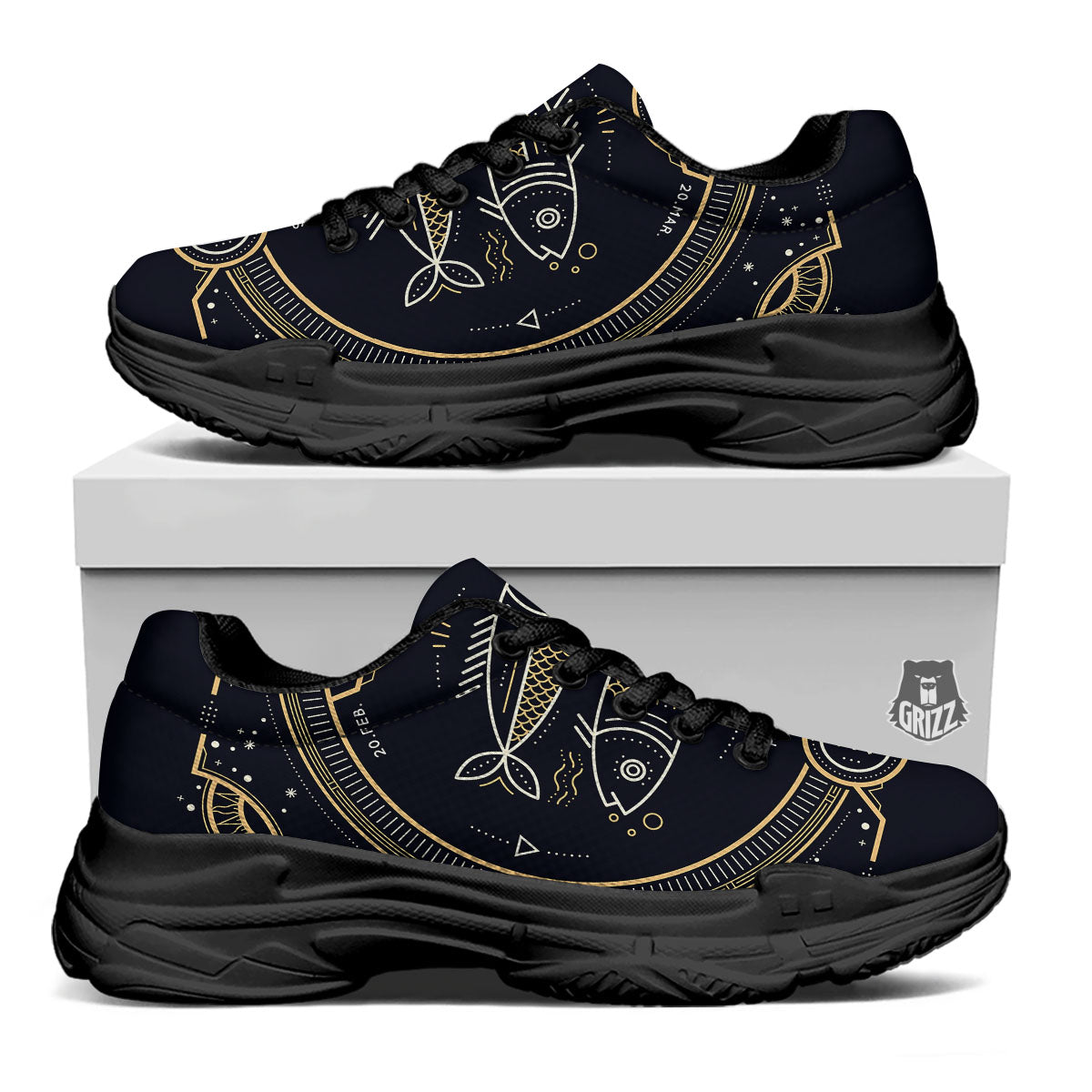 Zodiac Sign Vintage Pisces Print Black Chunky Shoes-grizzshop
