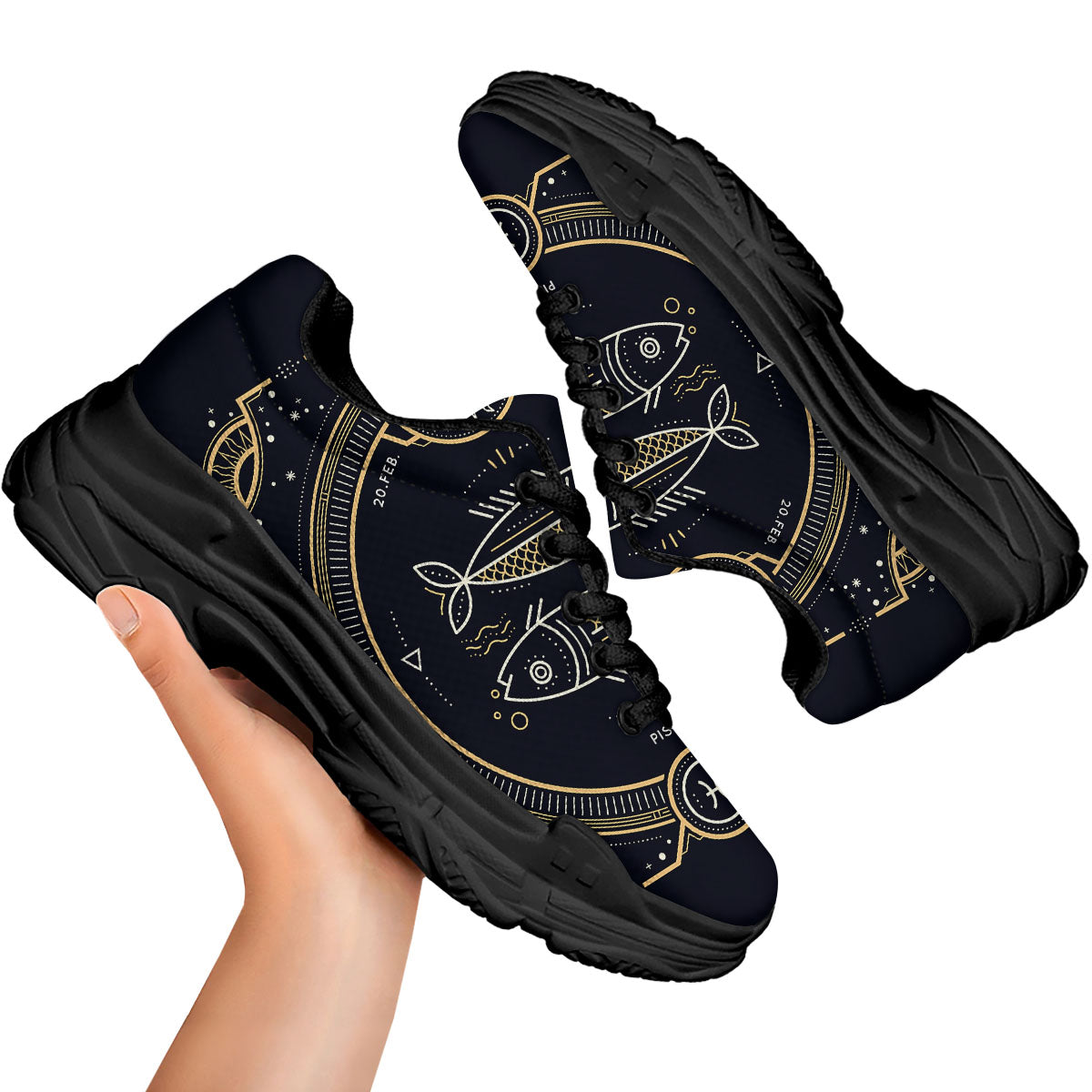Zodiac Sign Vintage Pisces Print Black Chunky Shoes-grizzshop