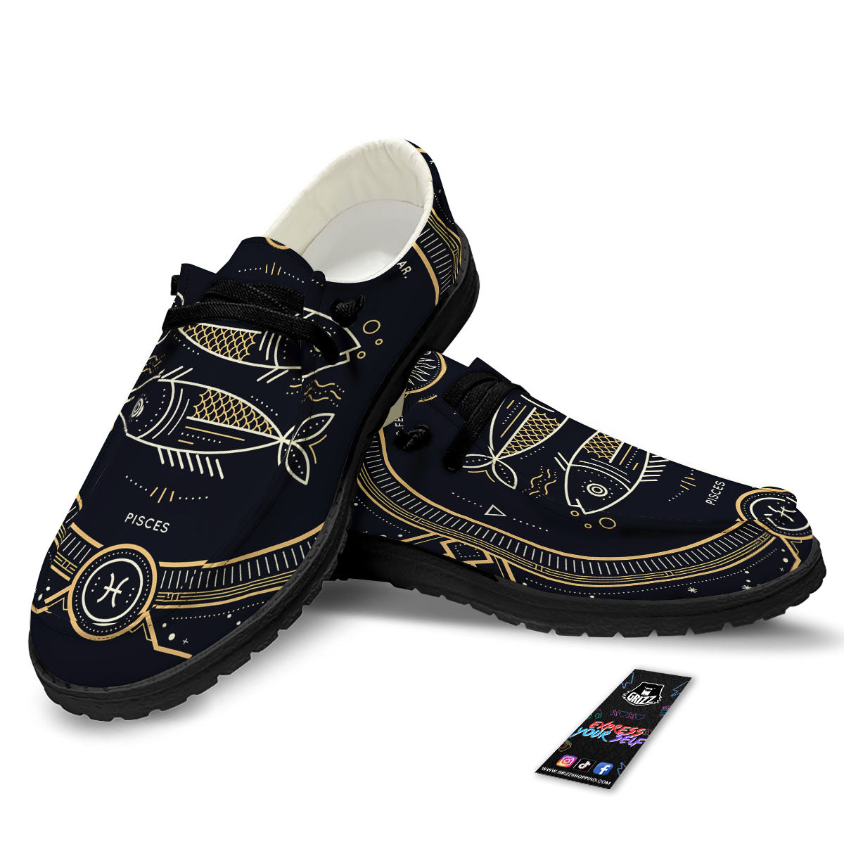 Zodiac Sign Vintage Pisces Print Black Loafers-grizzshop