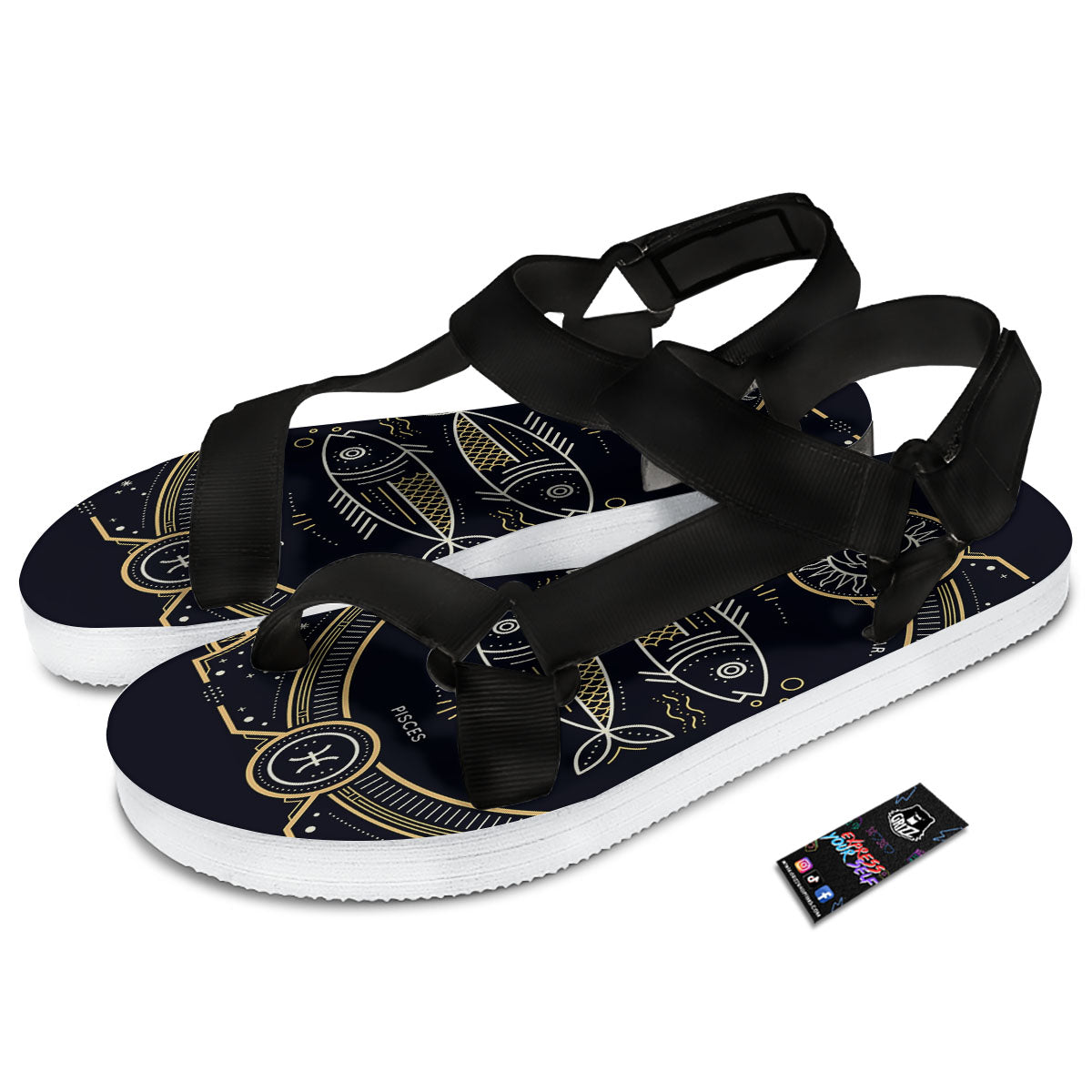 Zodiac Sign Vintage Pisces Print Black Open Toe Sandals-grizzshop