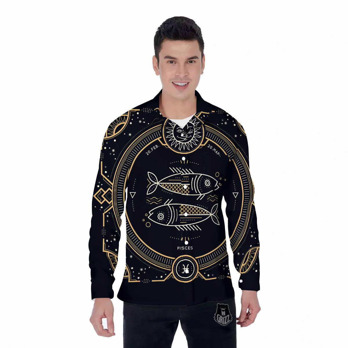 Zodiac Sign Vintage Pisces Print Men's Long Sleeve Shirts-grizzshop