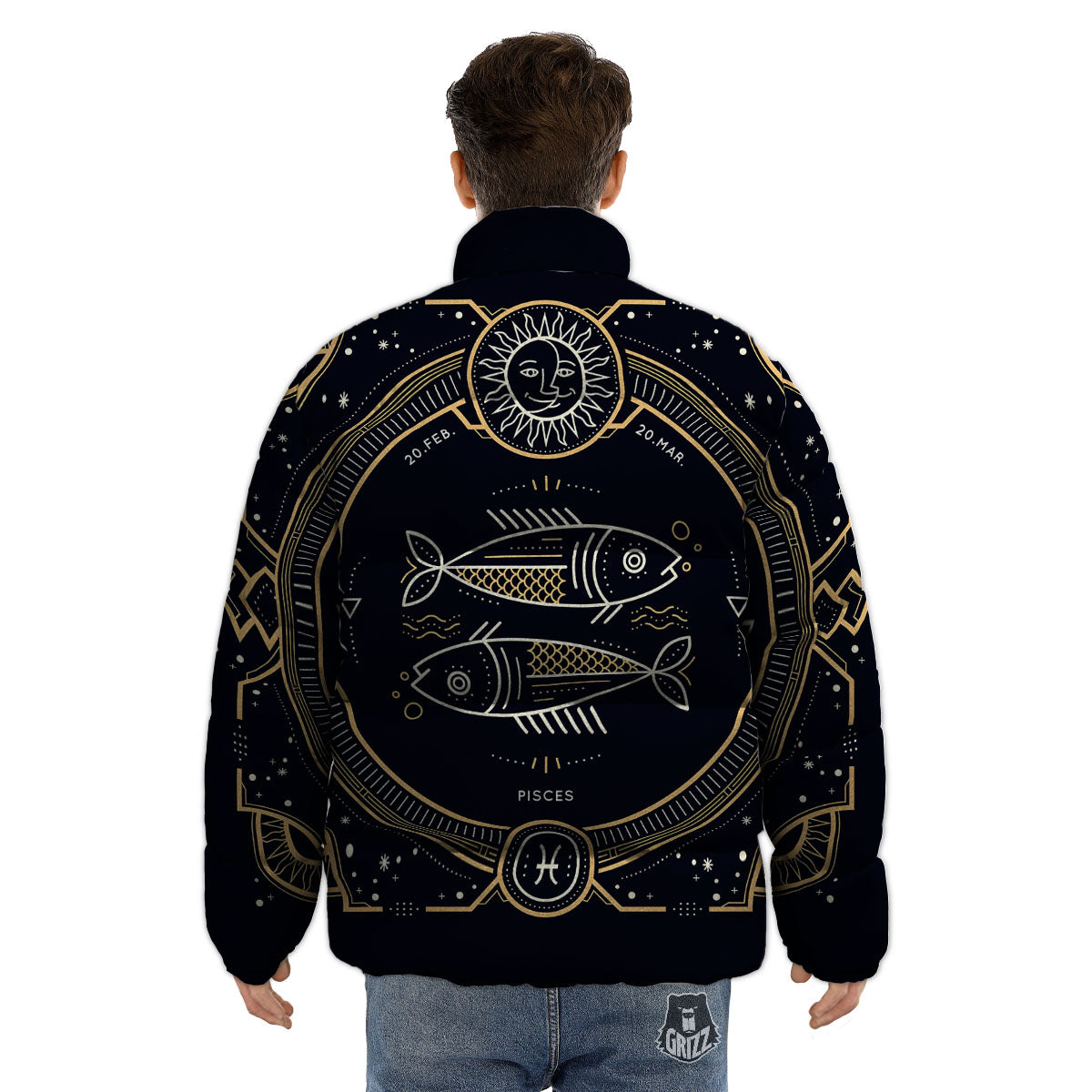 Zodiac Sign Vintage Pisces Print Puffer Jacket-grizzshop