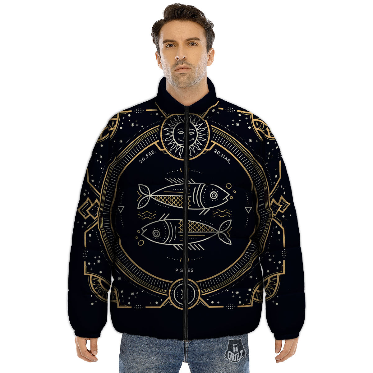 Zodiac Sign Vintage Pisces Print Puffer Jacket-grizzshop