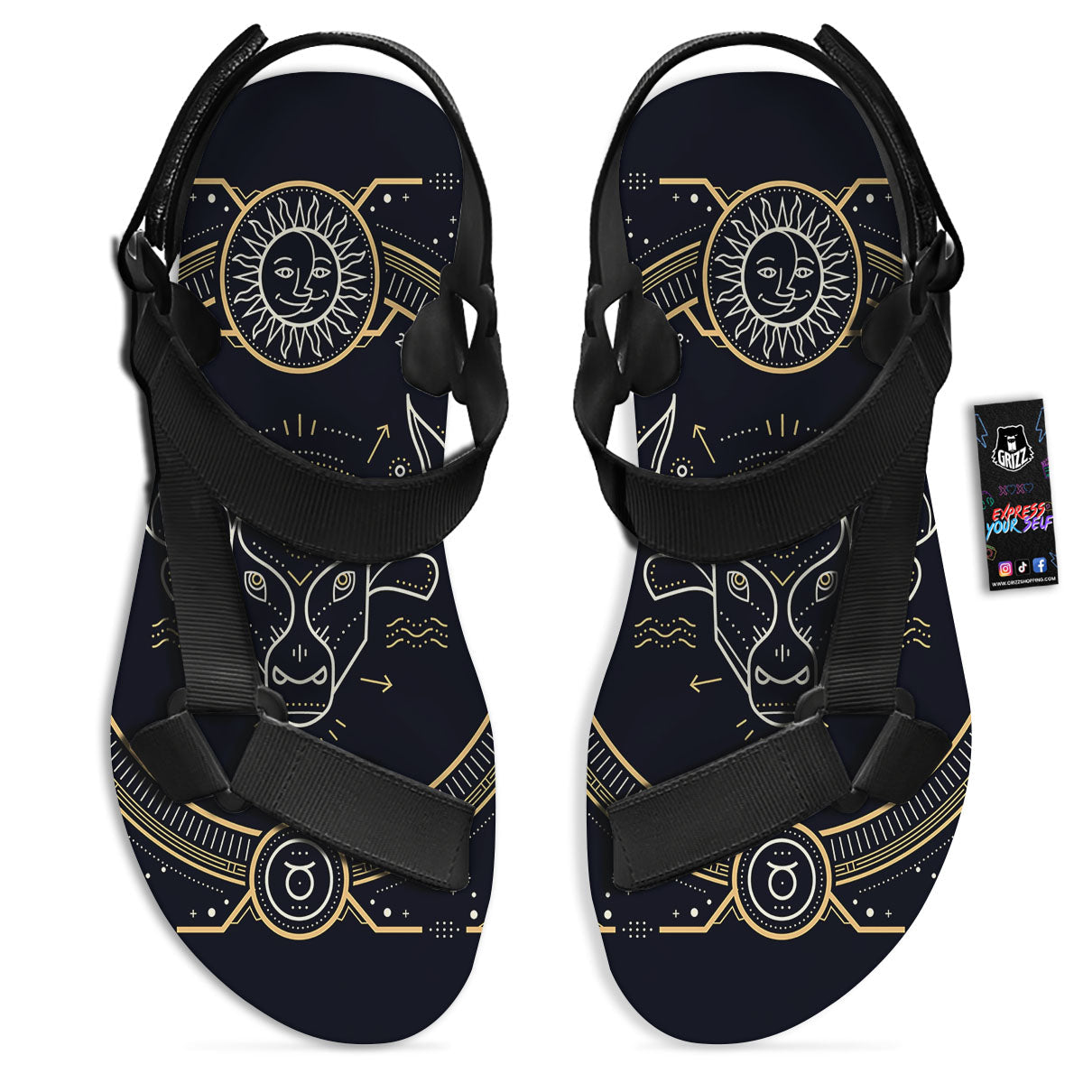 Zodiac Sign Vintage Taurus Print Black Open Toe Sandals-grizzshop