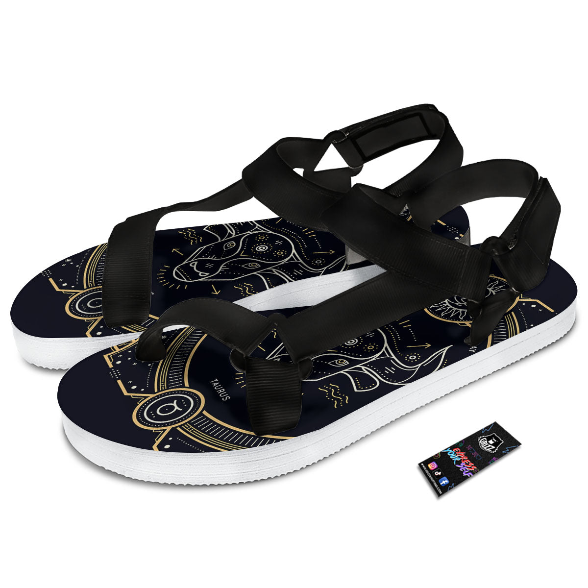Zodiac Sign Vintage Taurus Print Black Open Toe Sandals-grizzshop