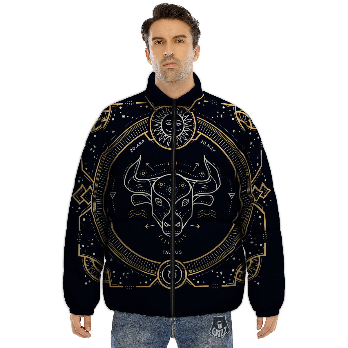 Zodiac Sign Vintage Taurus Print Puffer Jacket-grizzshop