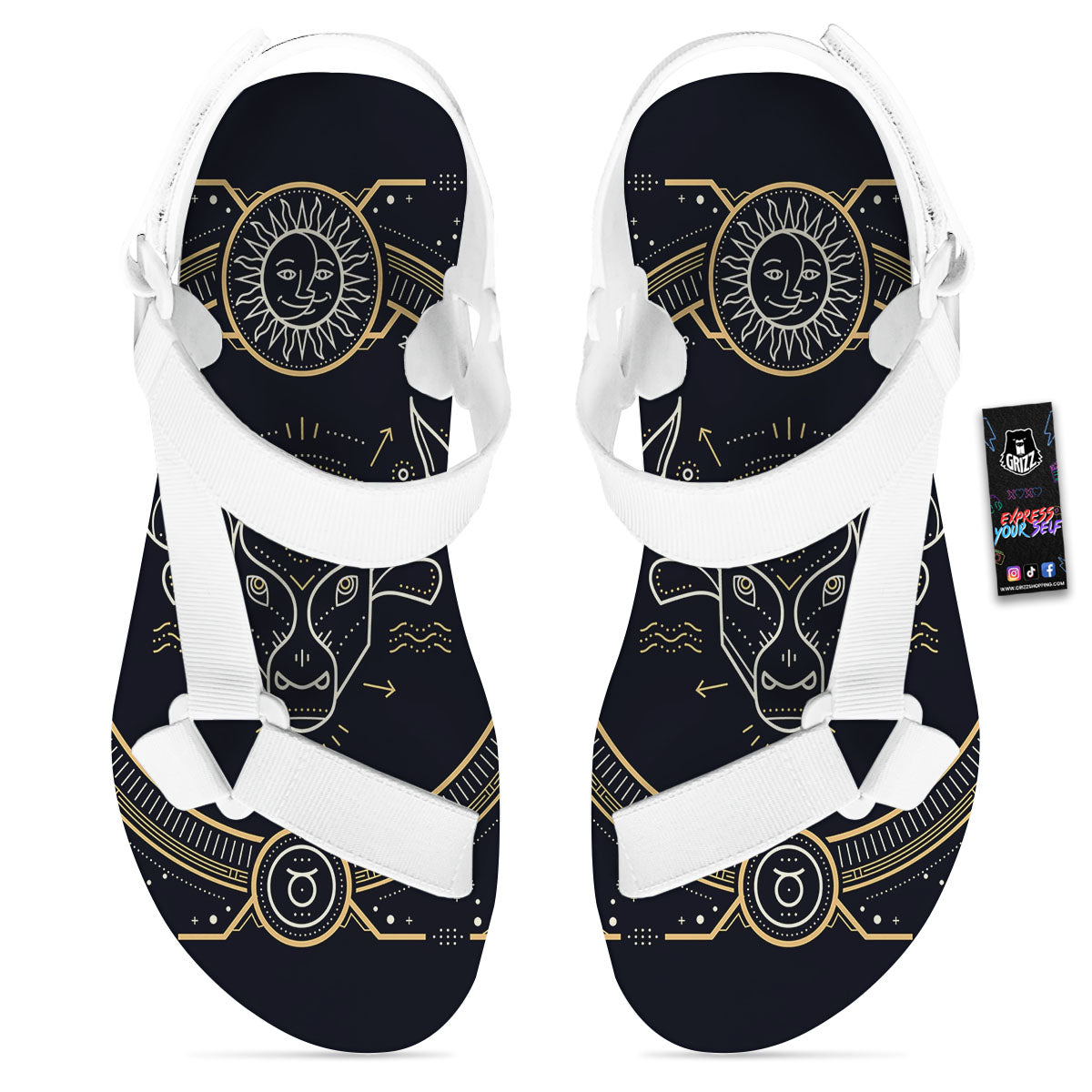Zodiac Sign Vintage Taurus Print White Open Toe Sandals-grizzshop