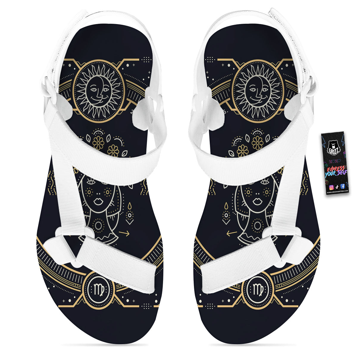 Zodiac Sign Vintage Virgo Print White Open Toe Sandals-grizzshop