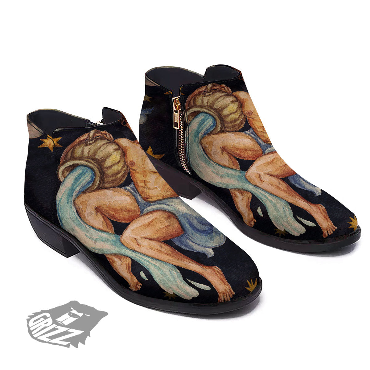 Zodiac Sign Watercolor Aquarius Print Ankle Boots-grizzshop