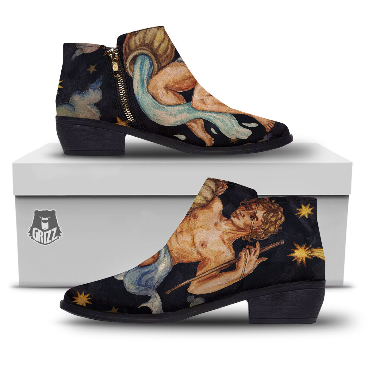 Zodiac Sign Watercolor Aquarius Print Ankle Boots-grizzshop