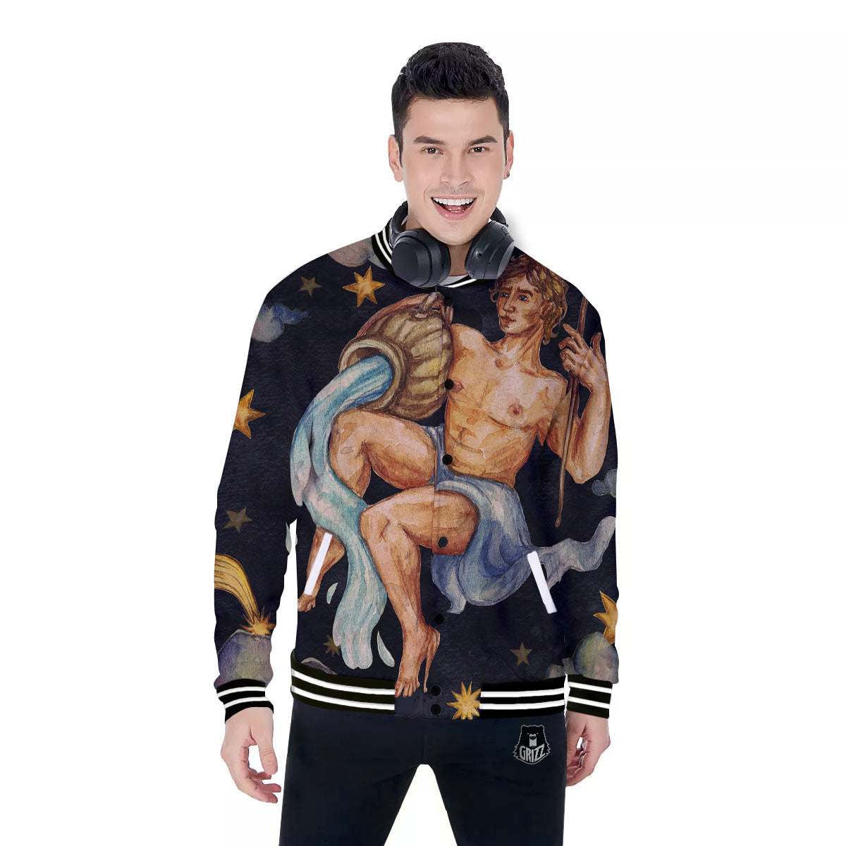Zodiac Sign Watercolor Aquarius Print Baseball Jacket-grizzshop