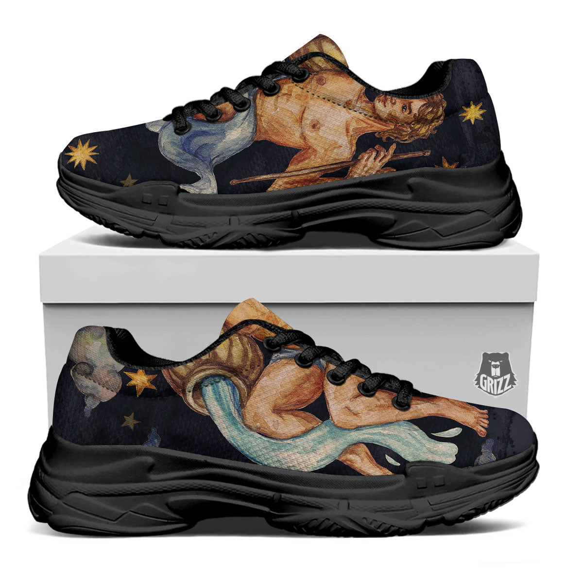 Zodiac Sign Watercolor Aquarius Print Black Chunky Shoes-grizzshop