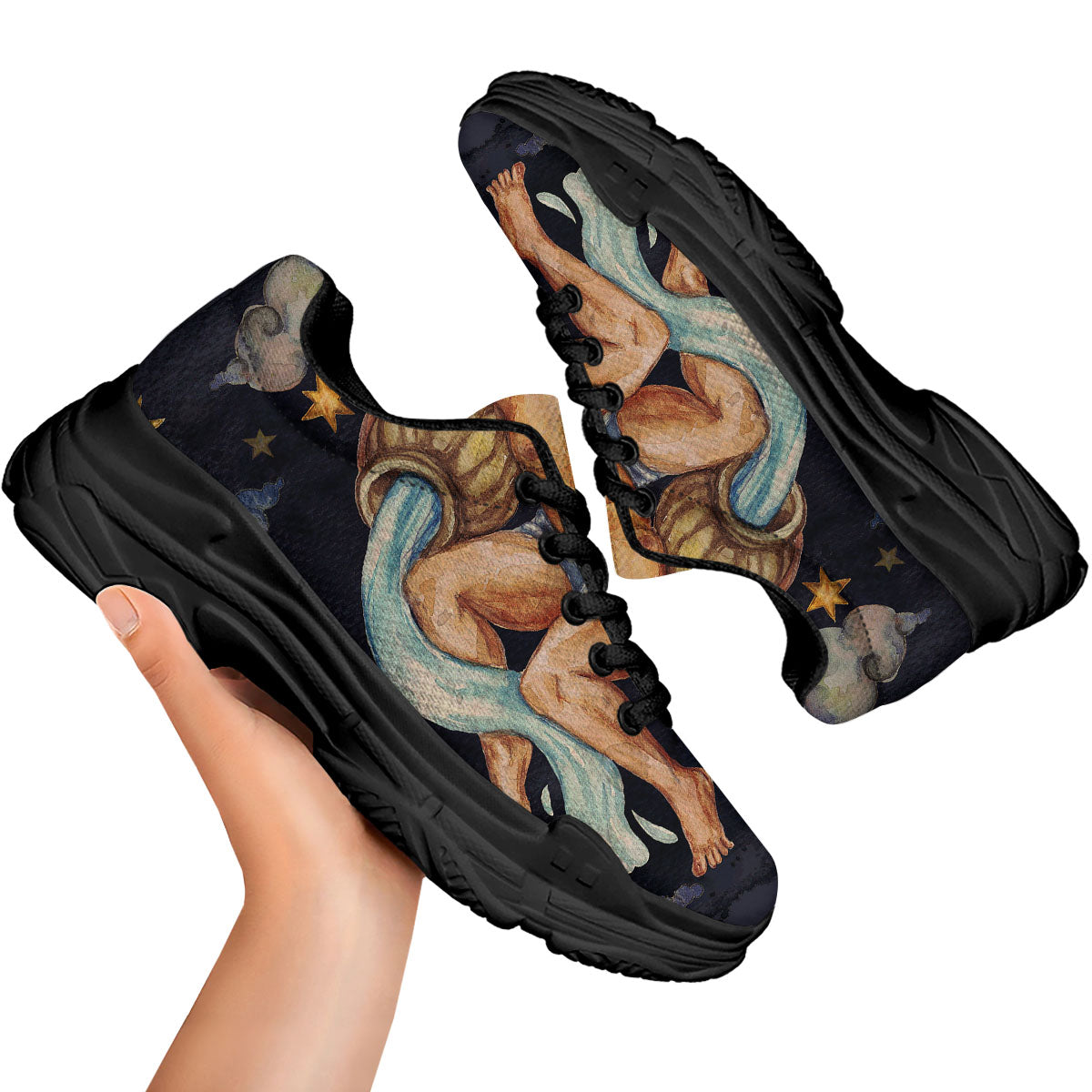 Zodiac Sign Watercolor Aquarius Print Black Chunky Shoes-grizzshop