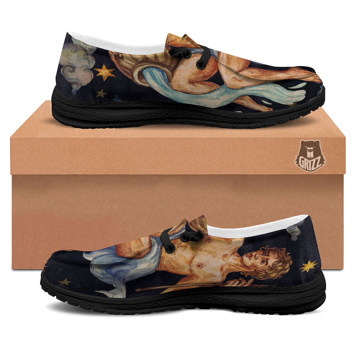 Zodiac Sign Watercolor Aquarius Print Black Loafers-grizzshop