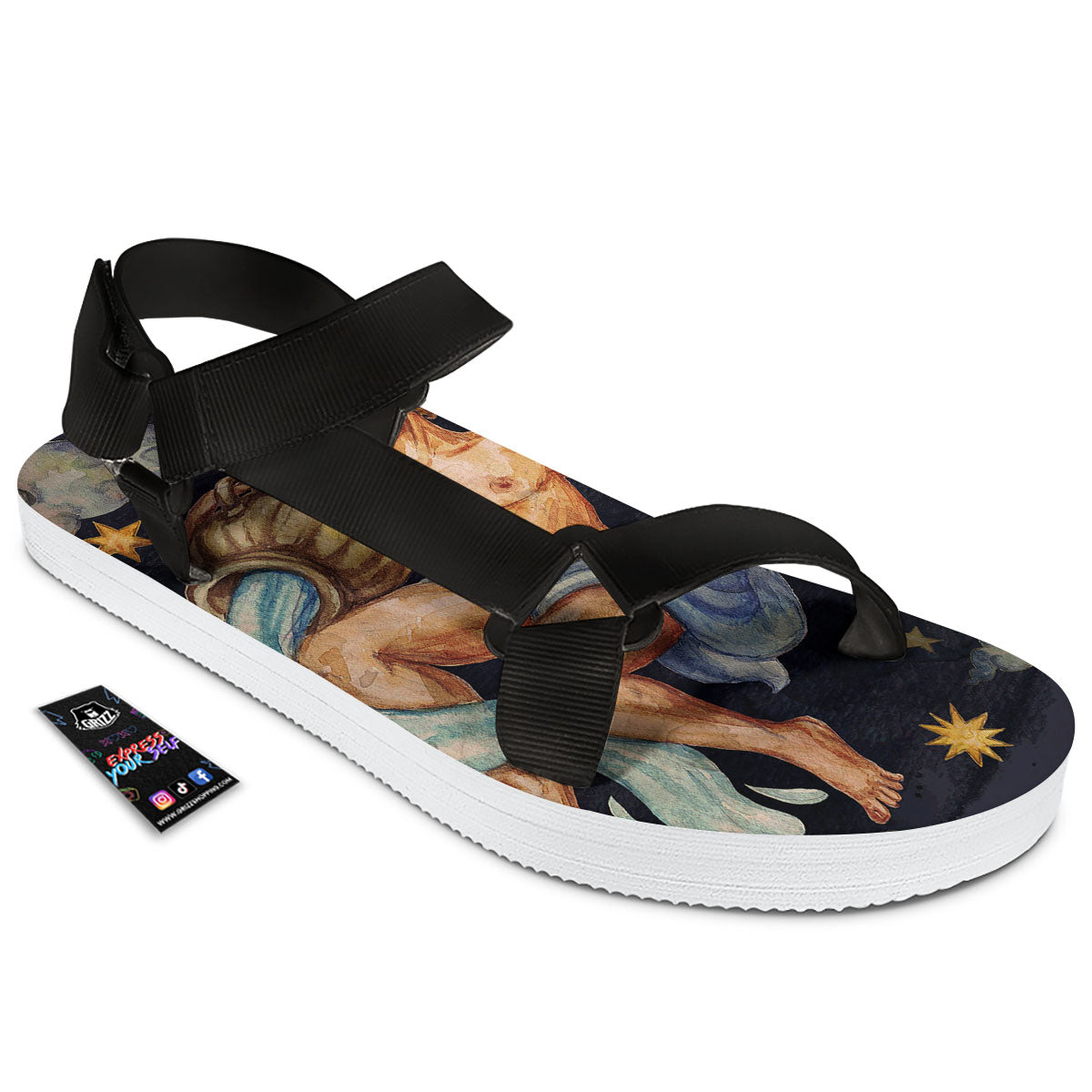 Zodiac Sign Watercolor Aquarius Print Black Open Toe Sandals-grizzshop