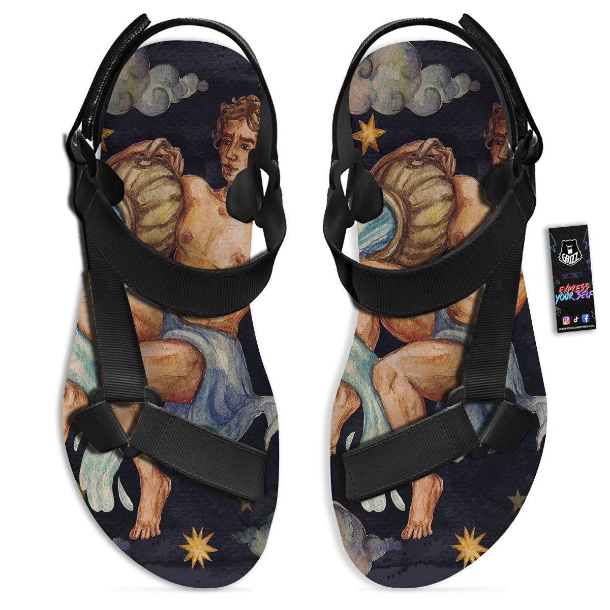 Zodiac Sign Watercolor Aquarius Print Black Open Toe Sandals-grizzshop