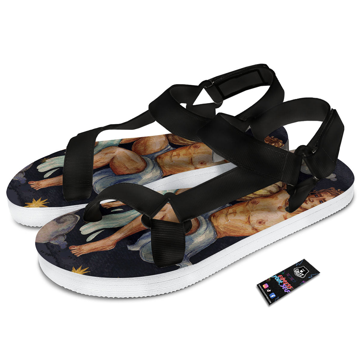 Zodiac Sign Watercolor Aquarius Print Black Open Toe Sandals-grizzshop