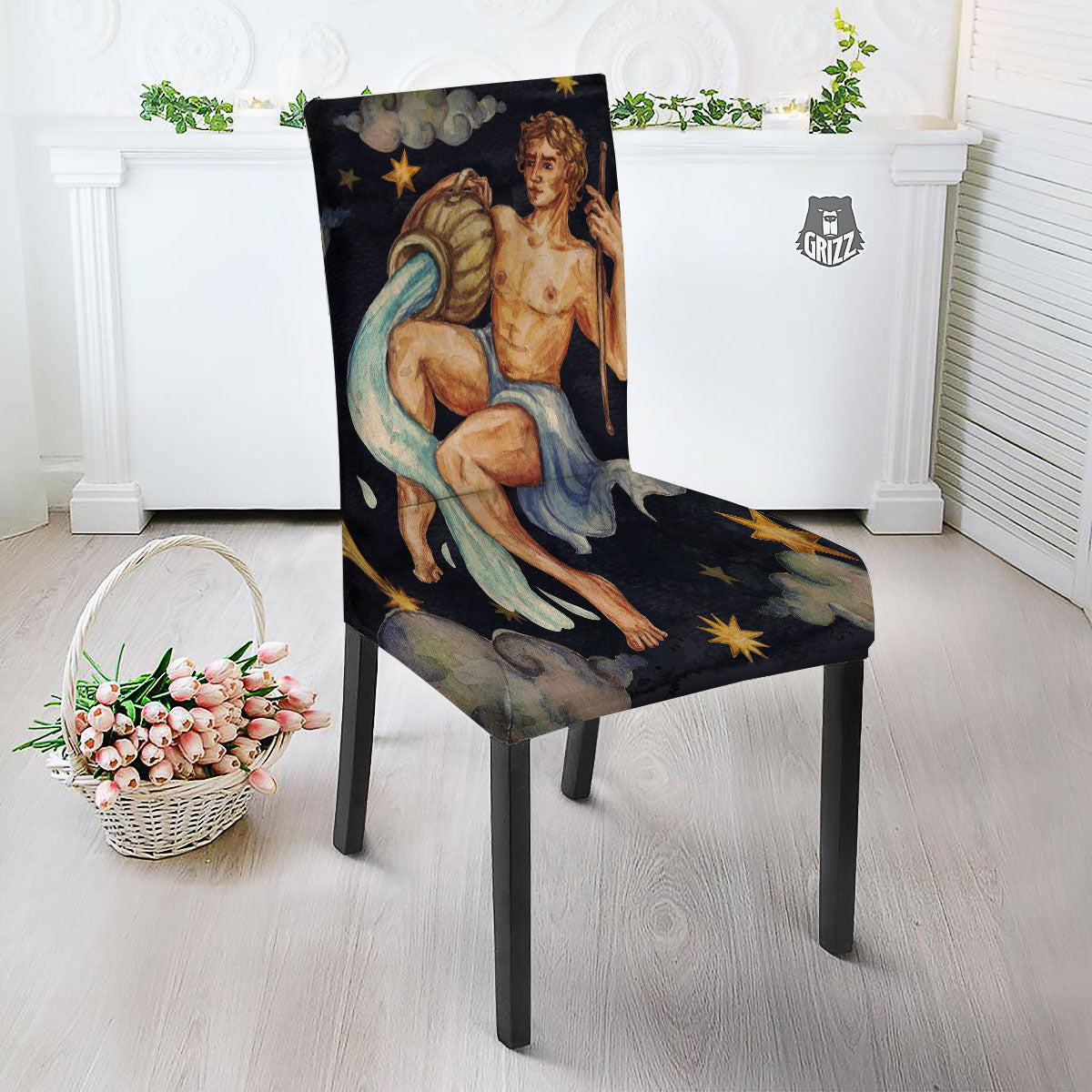 Zodiac Sign Watercolor Aquarius Print Dining Chair Slipcover-grizzshop