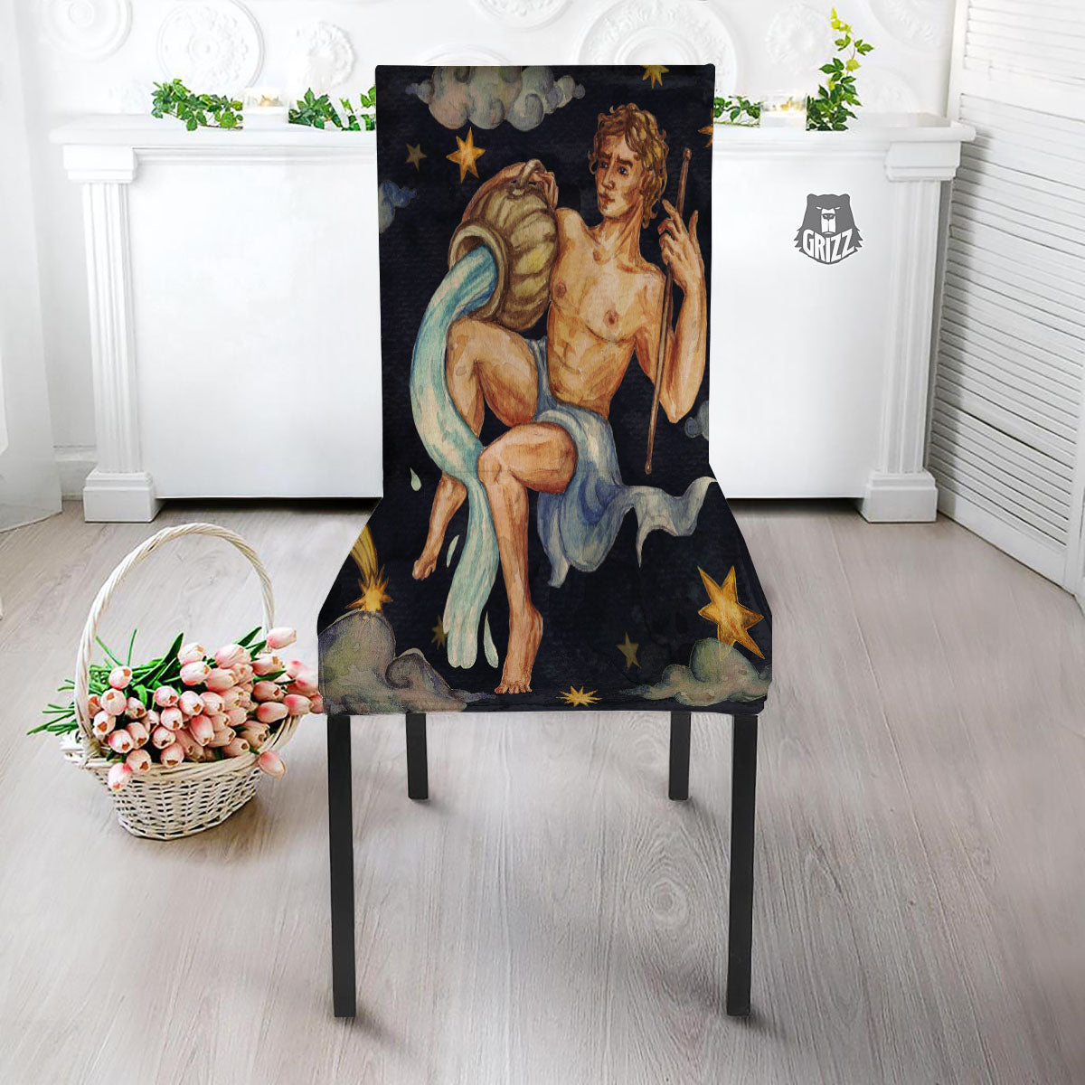 Zodiac Sign Watercolor Aquarius Print Dining Chair Slipcover-grizzshop
