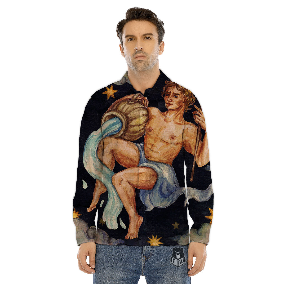 Zodiac Sign Watercolor Aquarius Print Men's Dress Shirts-grizzshop
