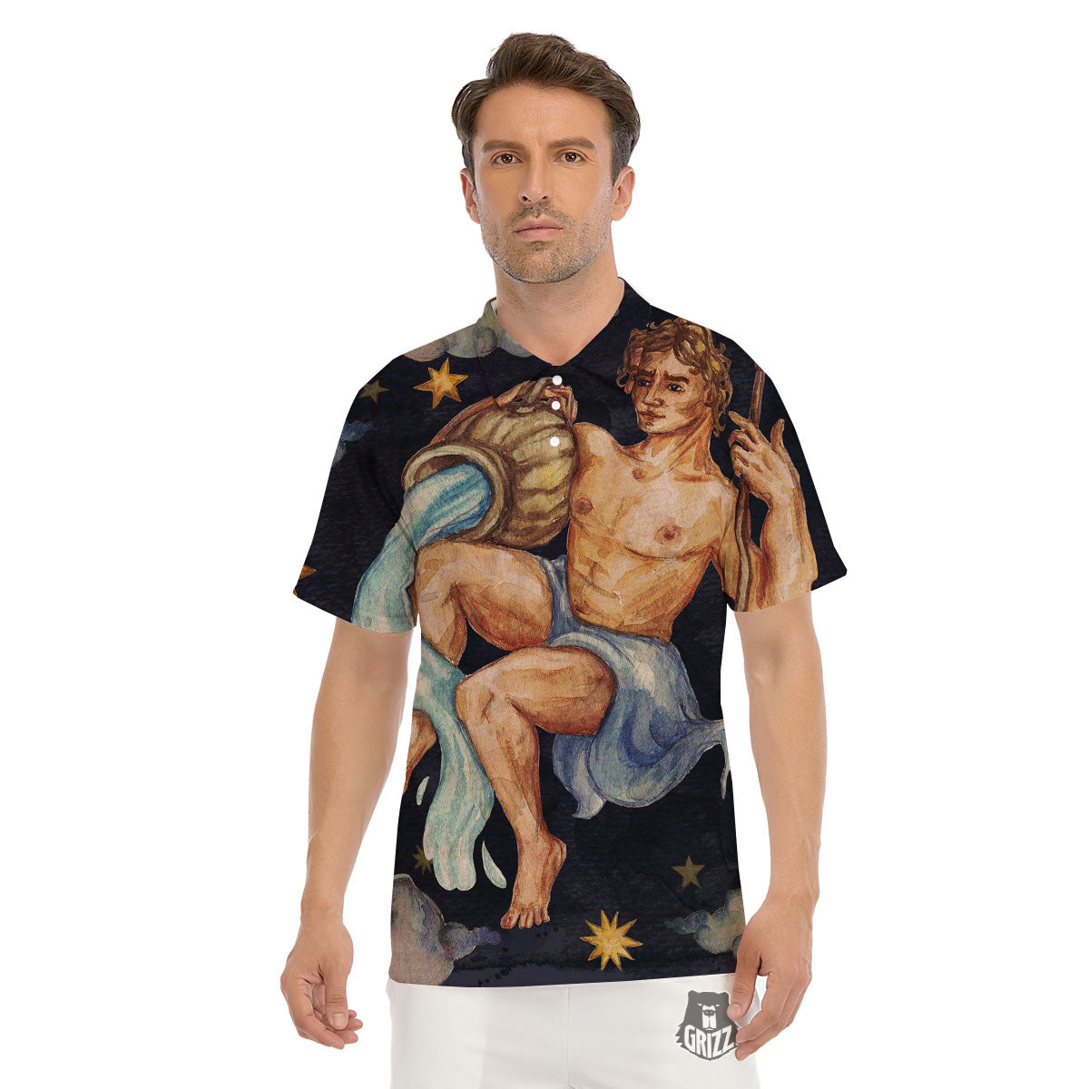 Zodiac Sign Watercolor Aquarius Print Men's Golf Shirts-grizzshop