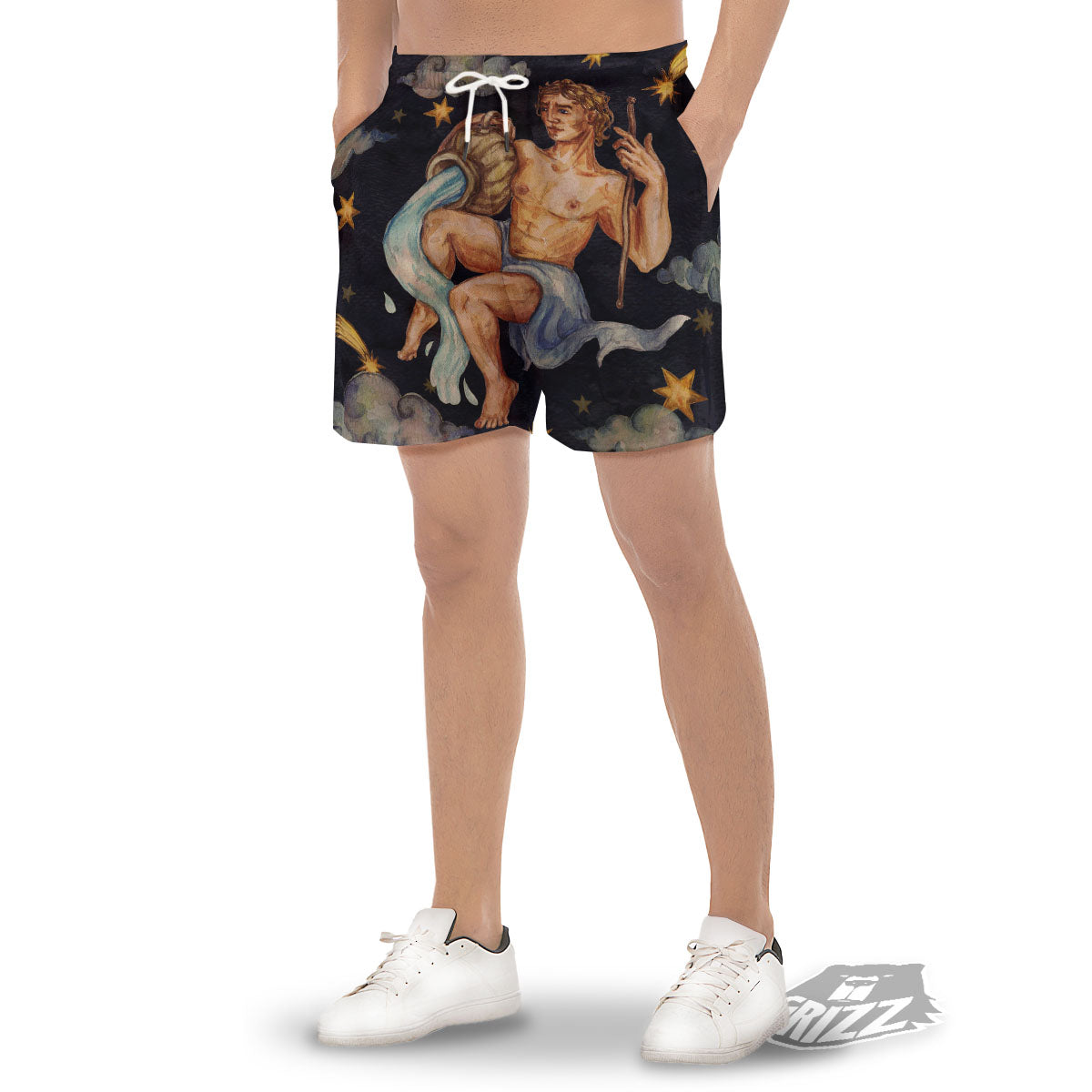 Zodiac Sign Watercolor Aquarius Print Men's Gym Shorts-grizzshop