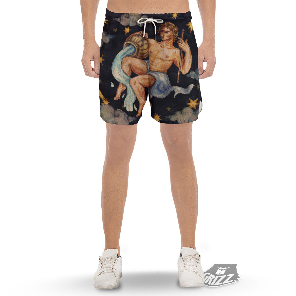 Zodiac Sign Watercolor Aquarius Print Men's Gym Shorts-grizzshop