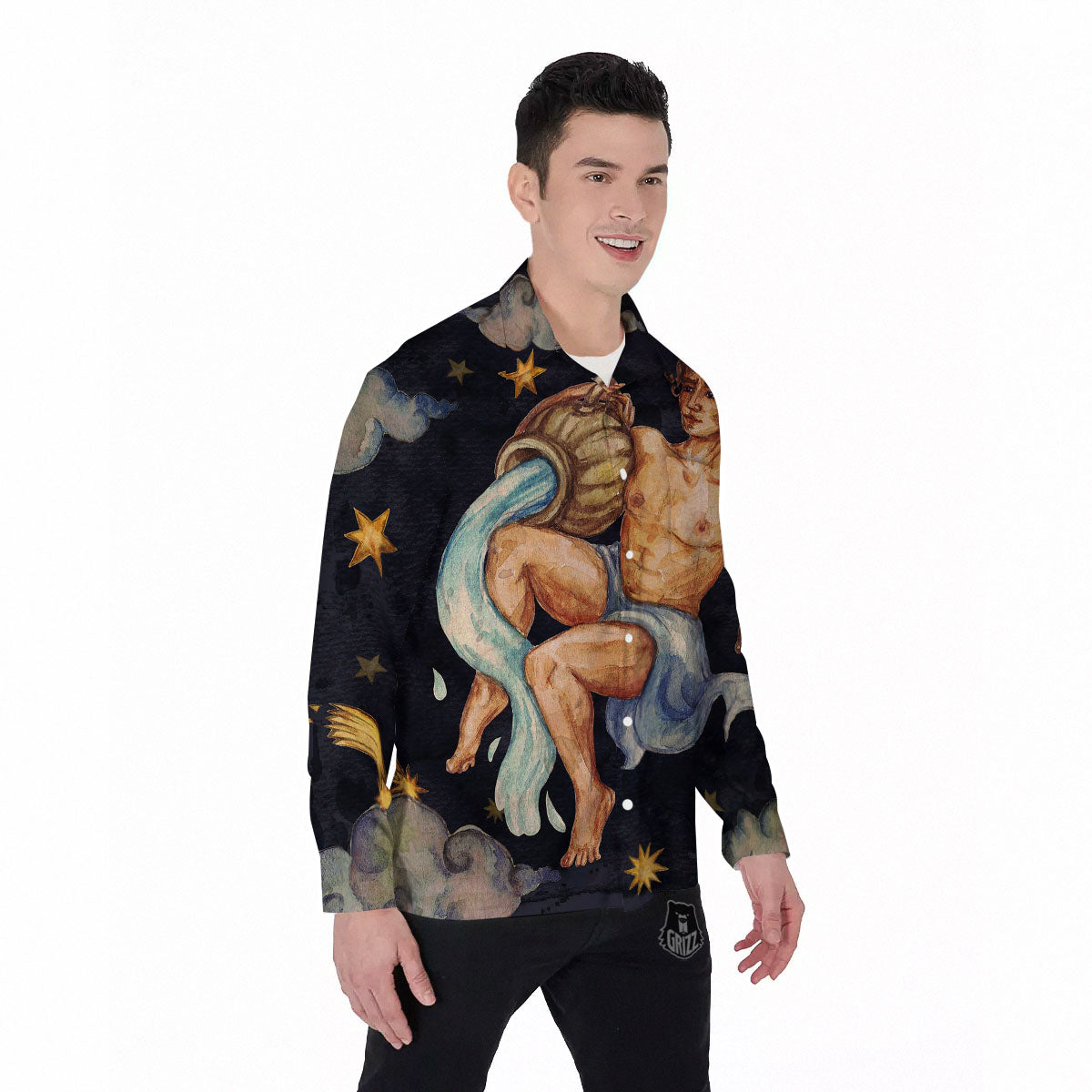 Zodiac Sign Watercolor Aquarius Print Men's Long Sleeve Shirts-grizzshop